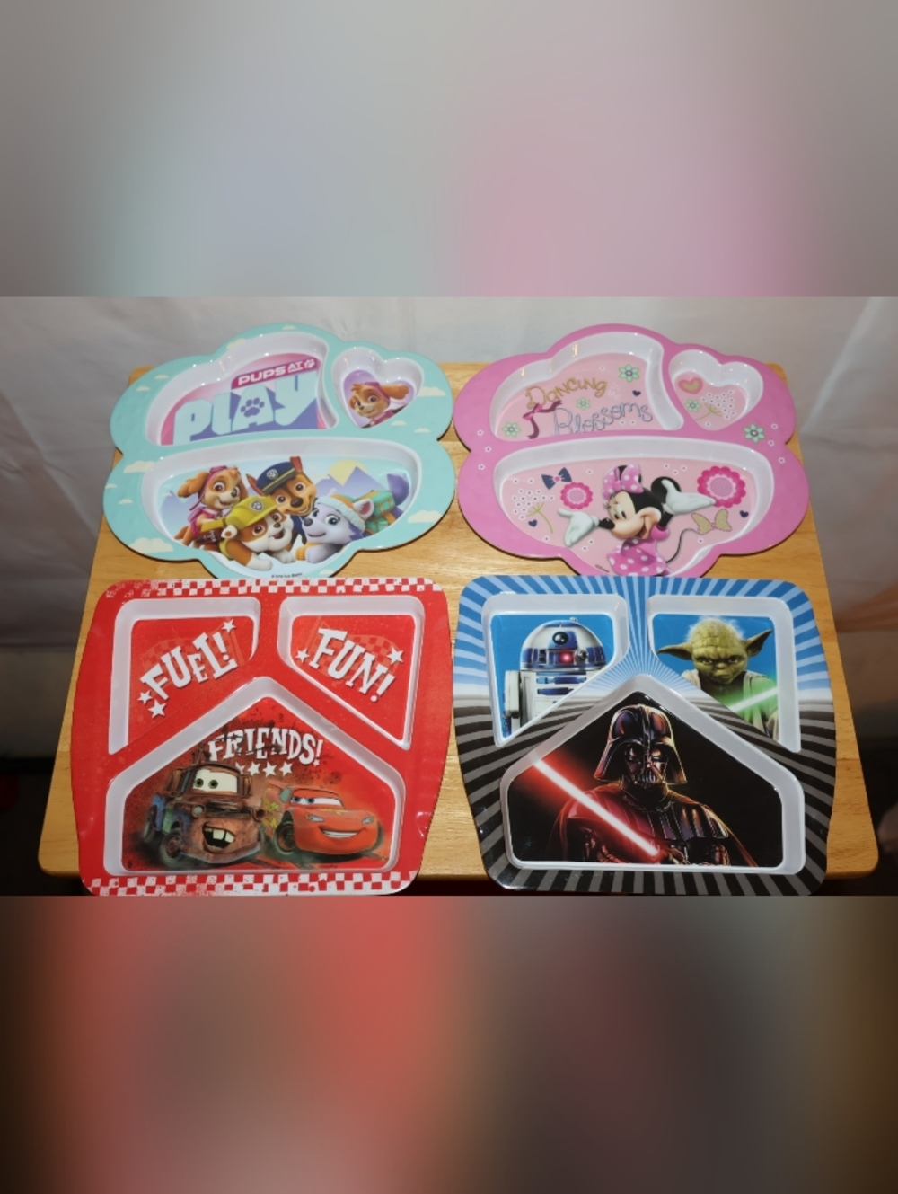 Set of 4 Kids' Character Section Plates - Paw Patrol, Minnie, Cars, & Star Wars.